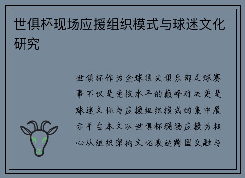 世俱杯现场应援组织模式与球迷文化研究